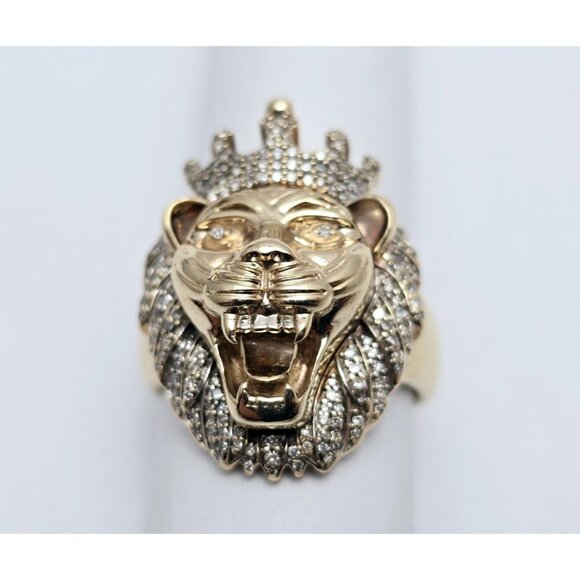 Unique 10K Solid Yellow Gold Designer Crown Lion Head Diamond Ring - Size 11.50 - Picture 4 of 15